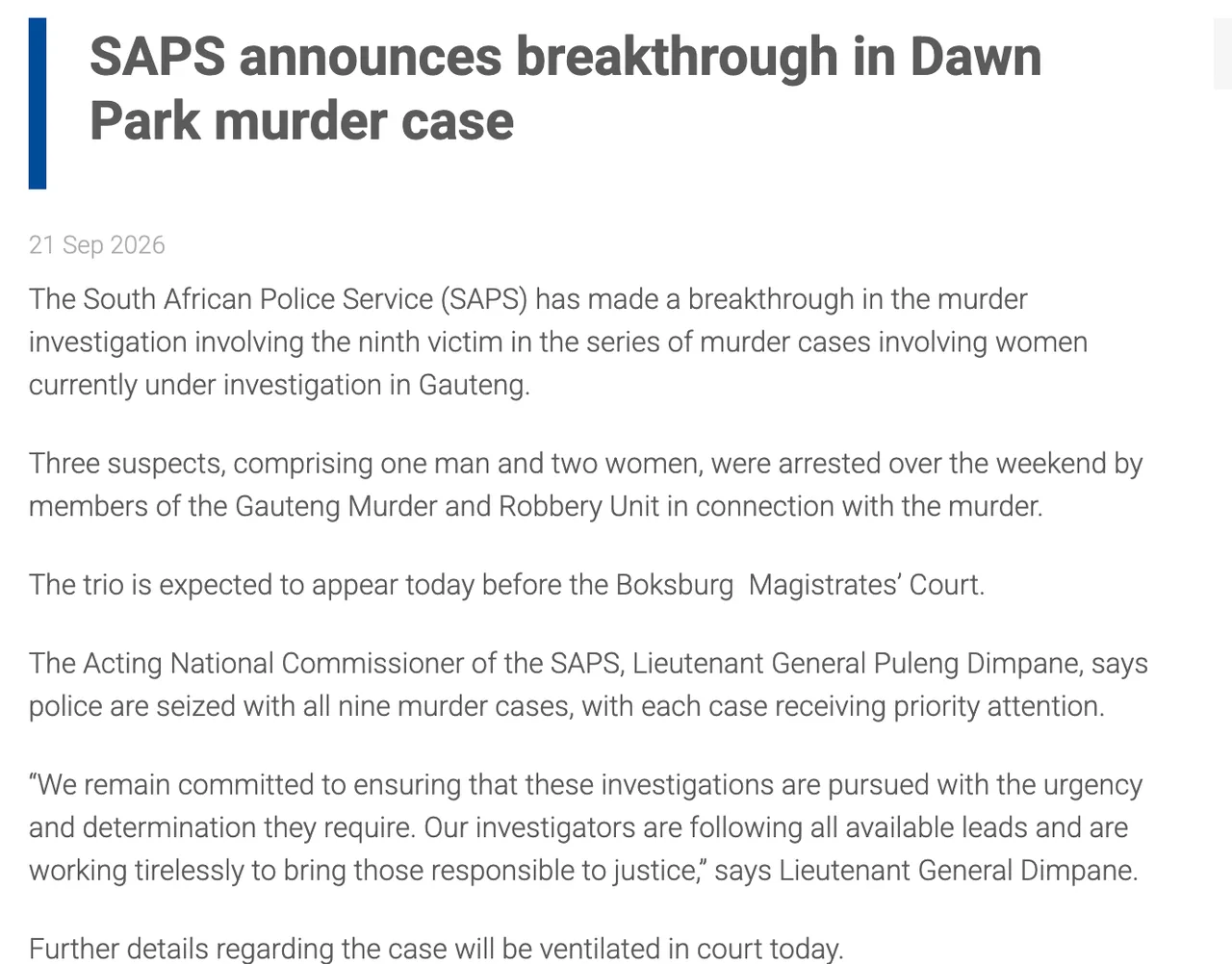 Screenshot of the SAPS statement of 21 September 2026 on gov.za, "SAPS announces breakthrough in Dawn Park murder case": three suspects, one man and two women, arrested by the Gauteng Murder and Robbery Unit