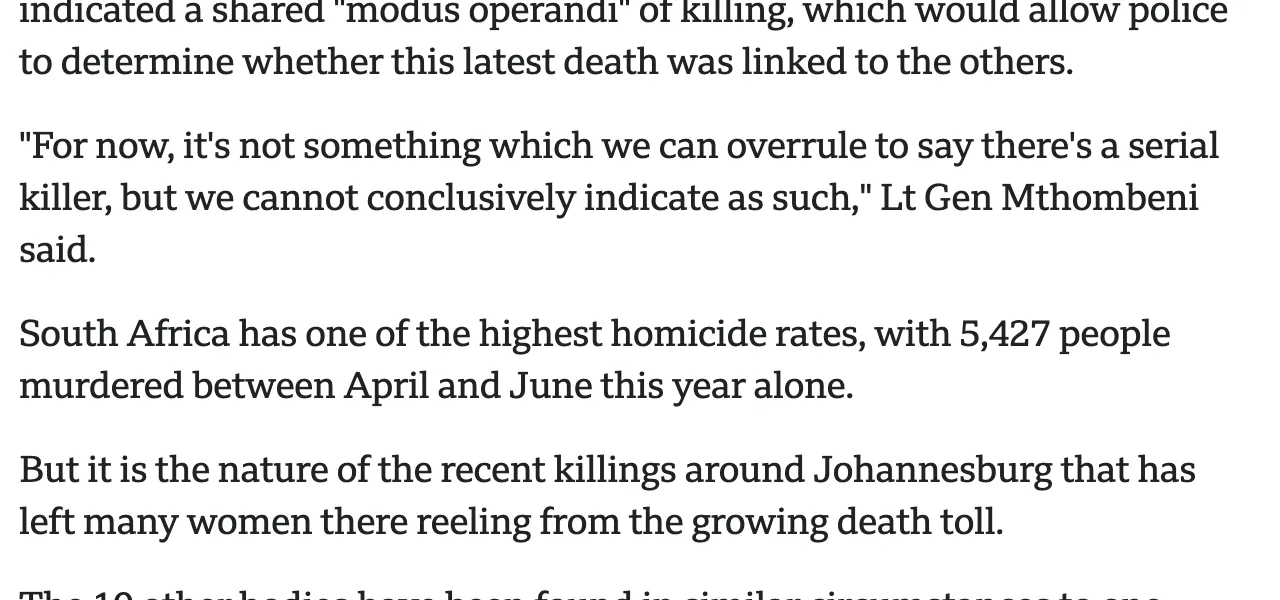 Screenshot of BBC News, 26 September 2026, quoting Lt Gen Mthombeni: "it's not something which we can overrule to say there's a serial killer, but we cannot conclusively indicate as such"