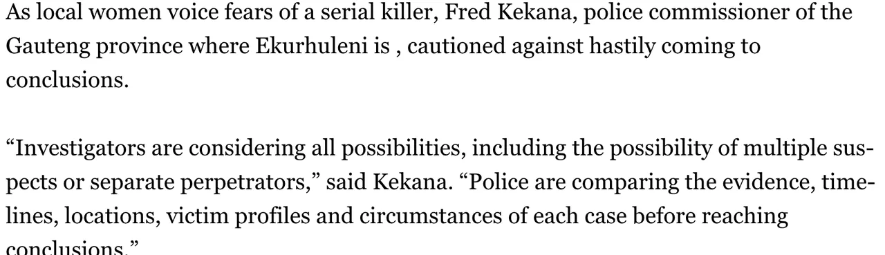 Screenshot of Al Jazeera, 19 September 2026, quoting Fred Kekana: investigators were considering all possibilities, including multiple suspects or separate perpetrators