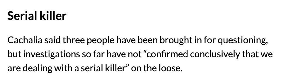 Screenshot of The Citizen, 21 September 2026: Cachalia said three people had been brought in for questioning, but investigations had not "confirmed conclusively that we are dealing with a serial killer"