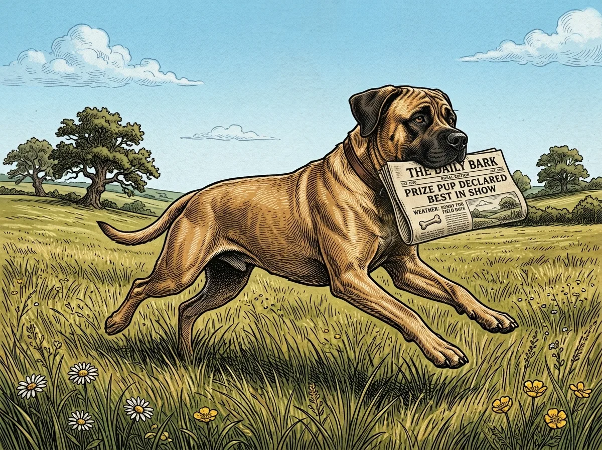 Ink drawing of Rufus, a boerboel, bounding through a grassy field with a folded newspaper in his mouth.