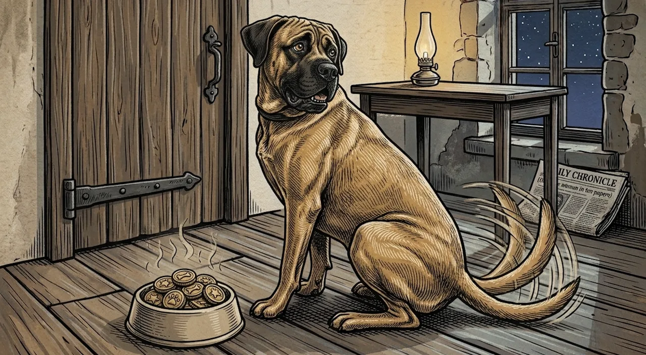 Ink drawing of Rufus sitting by a closed wooden door at night, a bowl of biscuits at his feet and a newspaper on the floor behind him.