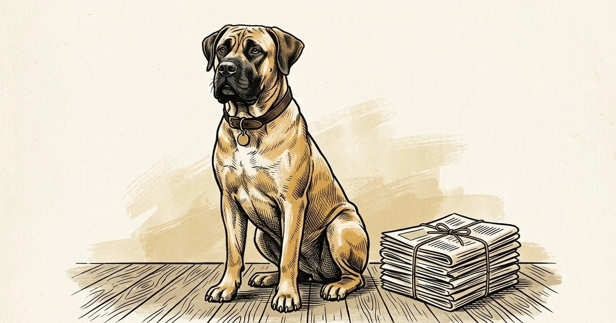 Ink drawing of a boerboel sitting beside a tied stack of folded newspapers.