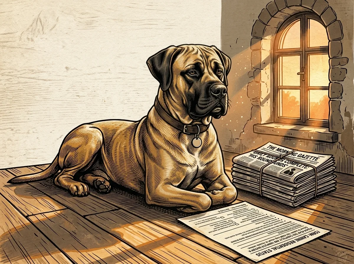 Ink drawing of Rufus lying on a wooden floor by a sunlit window, beside a tied stack of newspapers and a sheet of paper.