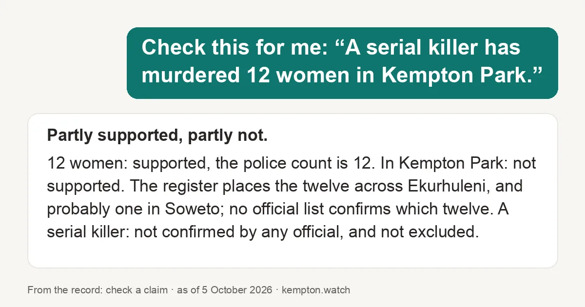 Share card: the claim "a serial killer has murdered 12 women in Kempton Park" checked against the record. Partly supported: 12 women yes; Kempton Park no, across Ekurhuleni and probably one in Soweto; serial killer not confirmed by any official.