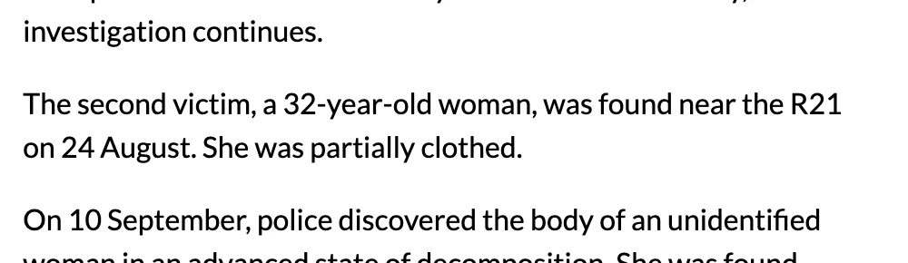 Screenshot of a Citizen round-up of 13 September 2026: "The second victim, a 32-year-old woman, was found near the R21 on 24 August", between lines on the July arrest and the 10 September discovery
