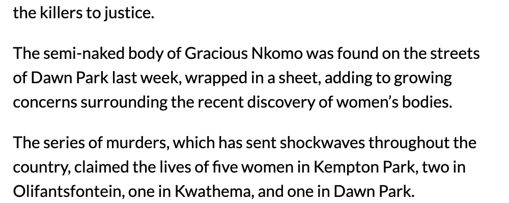 Screenshot of a Citizen round-up of 21 September 2026 saying the body of Gracious Nkomo was found on the streets of Dawn Park last week, two paragraphs after a line about the ninth victim