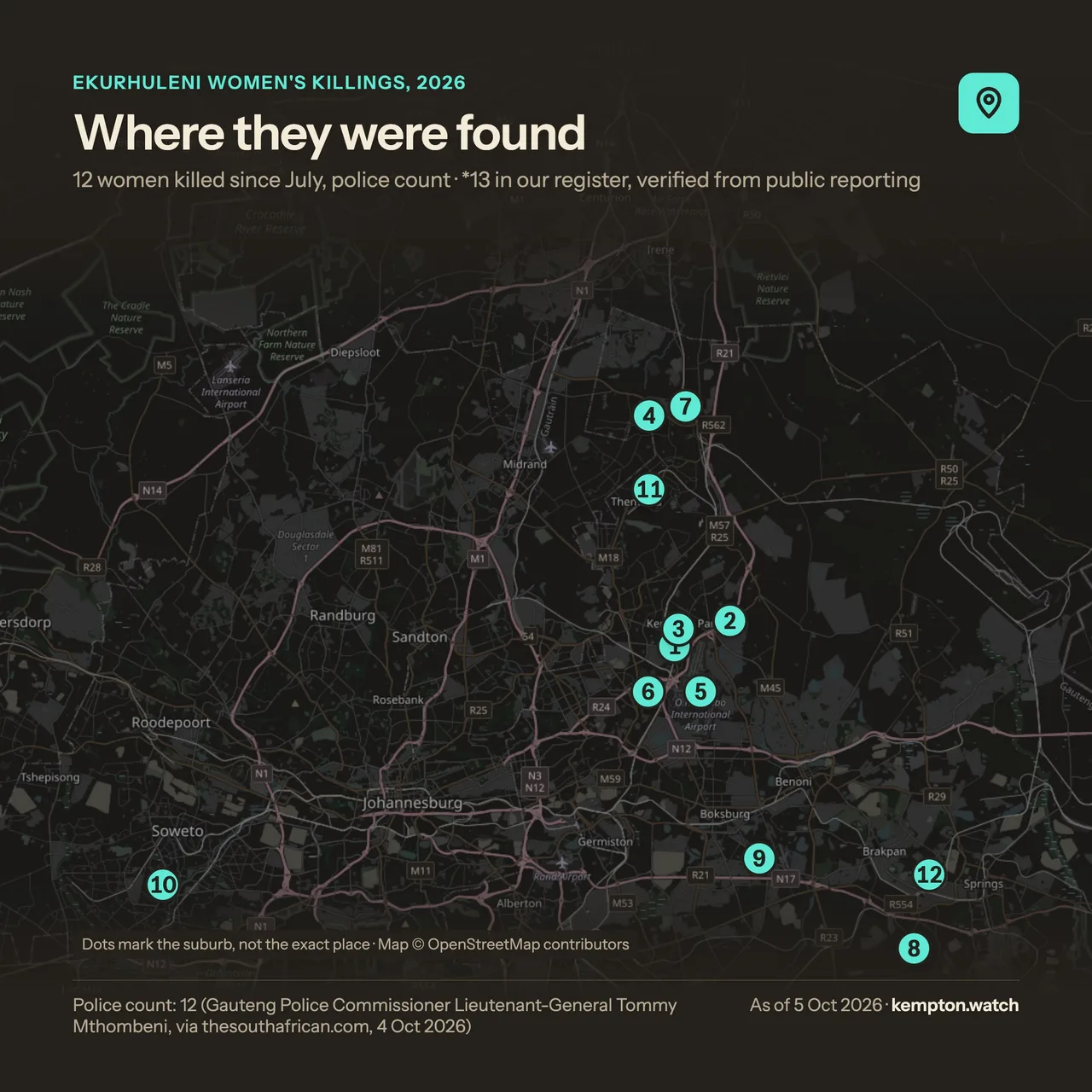 Map of the suburbs where the twelve women in the police count were found, numbered in that count's order, from Olifantsfontein to Springs with one in Moroka, Soweto, as of 5 October 2026