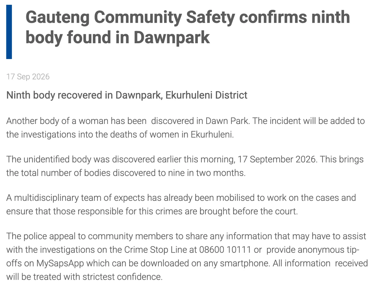 Screenshot of the Gauteng Community Safety statement of 17 September 2026 on gov.za: another body of a woman discovered in Dawn Park, the unidentified body found that morning, bringing the total to nine in two months
