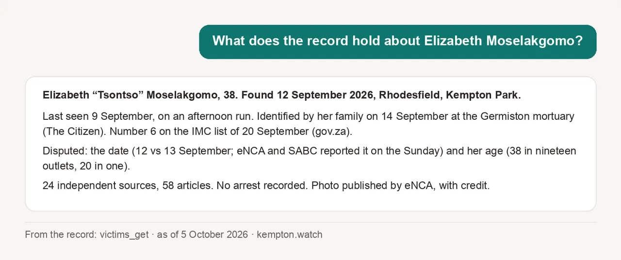 A chat card. Question: what does the record hold about Elizabeth Moselakgomo? Answer: found 12 September 2026 in Rhodesfield, last seen 9 September on a run, identified 14 September, number 6 on the IMC list, date and age disputed
