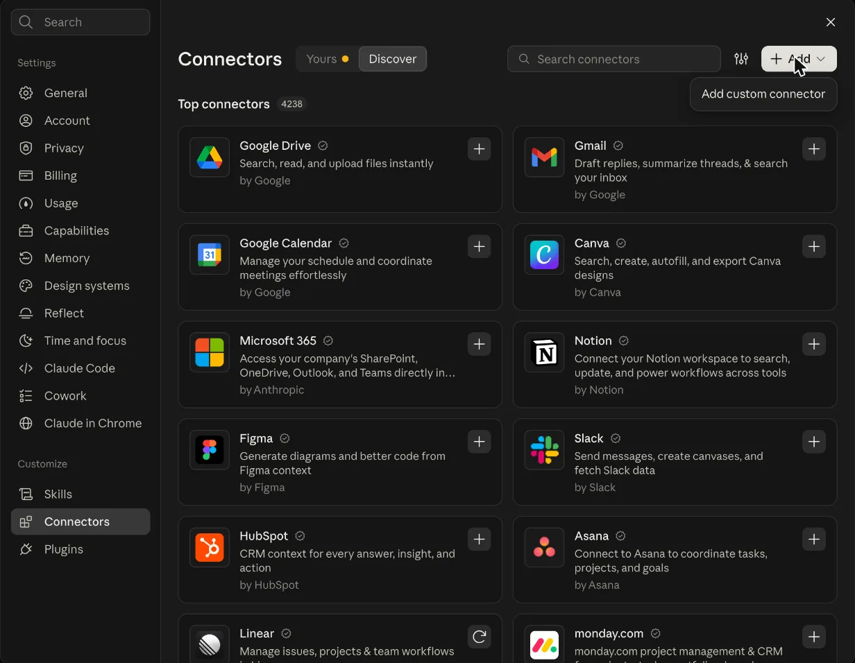 Claude settings with Connectors selected under the Customize heading in the left column, the Connectors screen with Yours and Discover tabs, and the Add menu open at top right showing "Add custom connector"