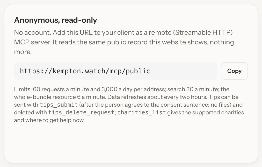 The "Anonymous, read-only" box on the connect page, with the address https://kempton.watch/mcp/public, a Copy button, and the limits: 60 requests a minute and 3,000 a day, data refreshed about every two hours
