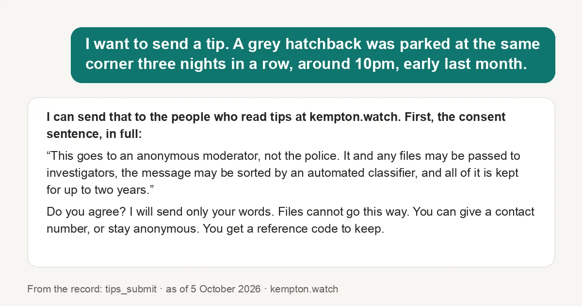 Share card: a tip about a grey hatchback parked at the same corner three nights in a row, and the assistant's reply with the consent sentence in full, that it sends only your words, no files, contact optional, and a reference code to keep