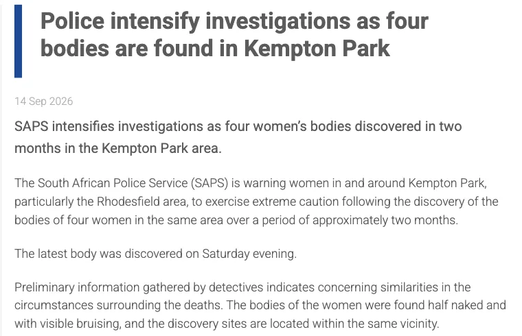 Screenshot of the SAPS media statement of 14 September 2026 on gov.za, headed "Police intensify investigations as four bodies are found in Kempton Park", warning women in and around Rhodesfield after four bodies in about two months