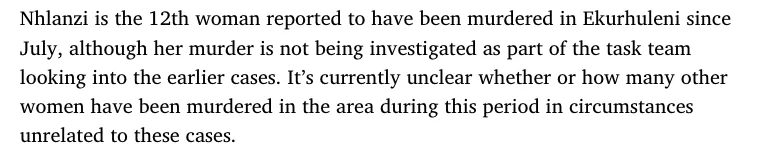 Screenshot of a Daily Maverick paragraph of 28 September 2026 saying the twelfth woman reported murdered in Ekurhuleni is not being investigated as part of the task team looking into the earlier cases