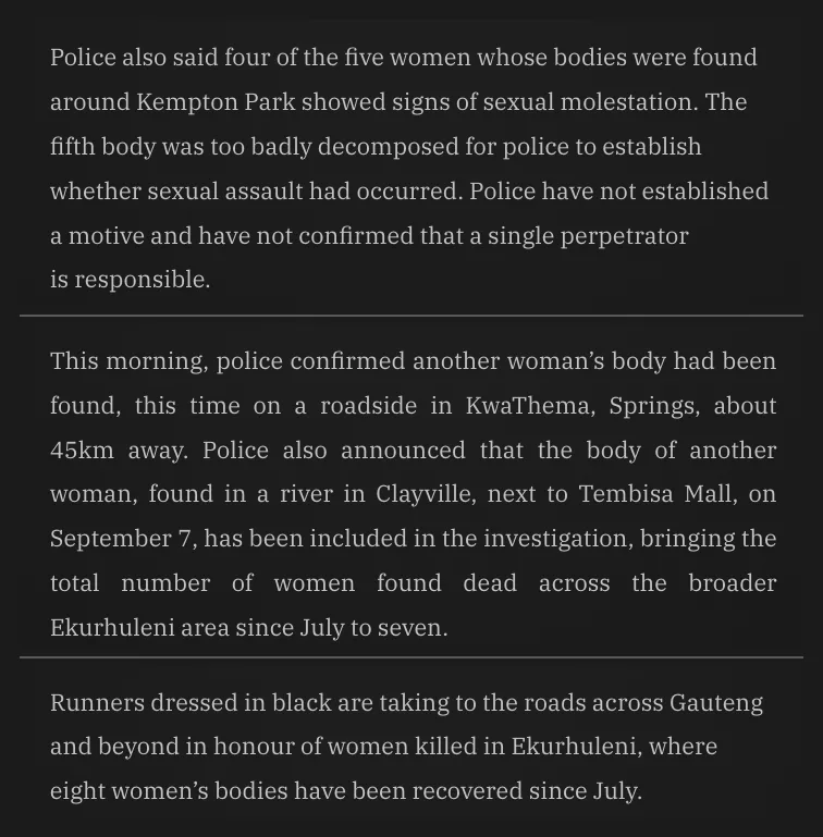 Three Mail & Guardian passages from 15 September 2026, stacked: five women in Kempton Park; the Clayville river body brings the total to seven; eight women's bodies recovered since July