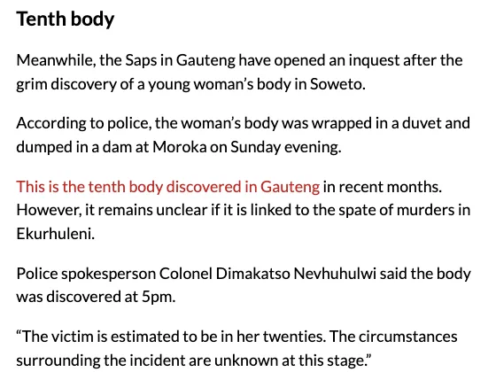 Screenshot of The Citizen, 21 September 2026, under the heading "Tenth body": police opened an inquest after a young woman's body was found wrapped in a duvet in a dam at Moroka, Soweto; it remains unclear if it is linked to the Ekurhuleni murders